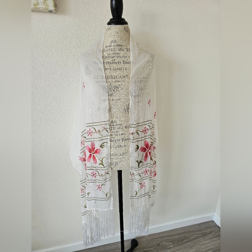 Collection XIIX 100% Viscose Scarf Floral Pink Green Sheer Fringe Lightweight